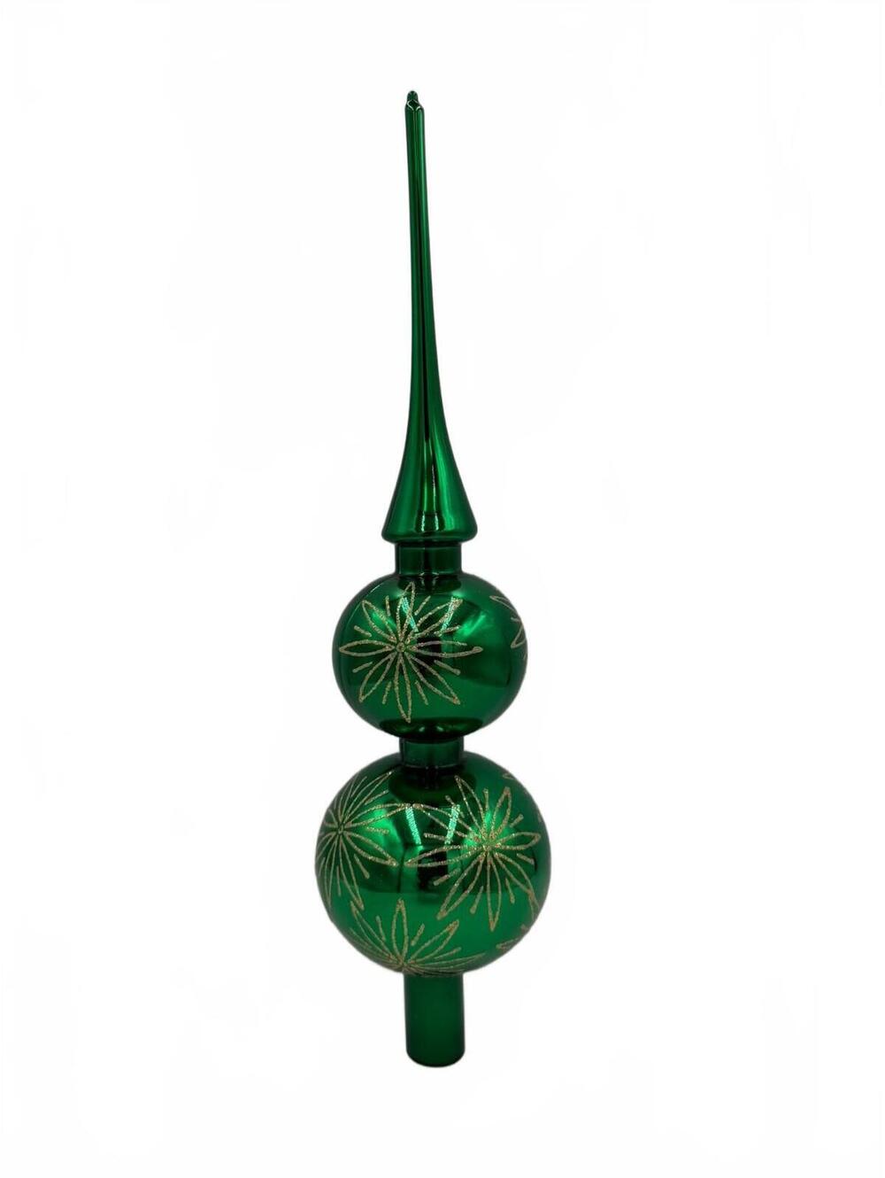 Vintage Green Blown Glass Hand Decorated 2 Tier Finial Tree Topper